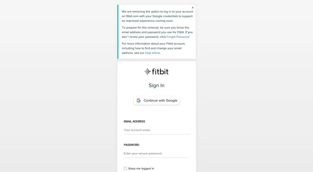 Fitbit's sign in page warning users of the coming single account transition.